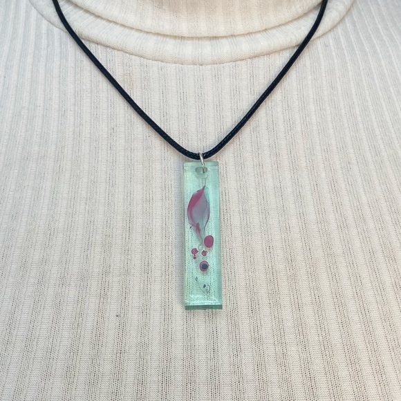 Aqua Water Marble Resin Long Rectangular Pendant Necklace - Picture 2 of 9